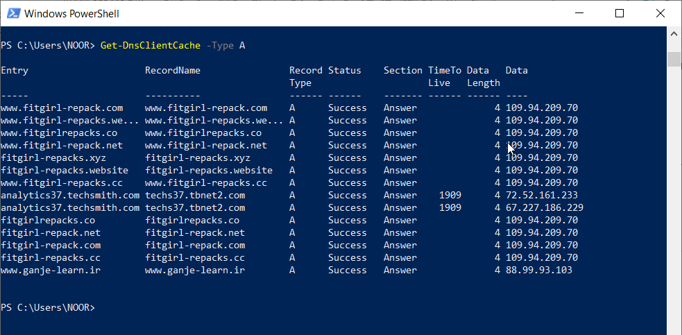 Get-DnsClientCache -Type A